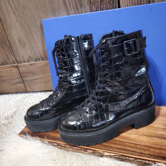 Stuart Weitzman Black Patent Leather Combat & Moto Boots - Picture 2 of 6